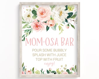 Mom-osa Bar Sign, Baby Shower Momosa Bar Sign, Floral Baby Shower Decor, Boho Baby Shower, Blush, Pink, Gold, Floral, Printable Sign, BGP1
