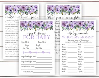 Juegos de Baby Shower Púrpura, Juegos de Baby Shower Florales, Predicciones para Bebé, El Precio es Correcto, Juego de Ducha, Púrpura, Floral, Imprimible, NBP1