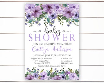 May include: Purple floral baby shower invitation with the text "baby shower" and "Join us honoring mom-to-be Caitlyn Anderson". The invitation includes the date, time, location, RSVP information, and registry details.