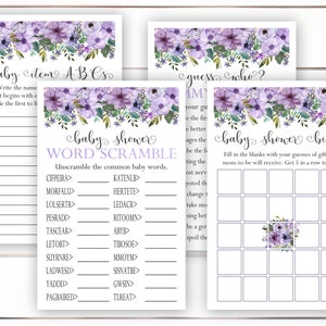 Baby Shower Games Printable, Lavender Baby Shower Games, Purple Baby Shower Games, Baby Shower Bingo, Baby Word Scramble, Baby ABC&#39;s, NBP1