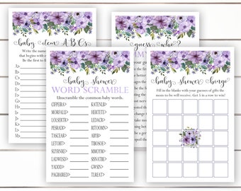 Baby Shower Games Printable, Lavender Baby Shower Games, Purple Baby Shower Games, Baby Shower Bingo, Baby Word Scramble, Baby ABC's, NBP1