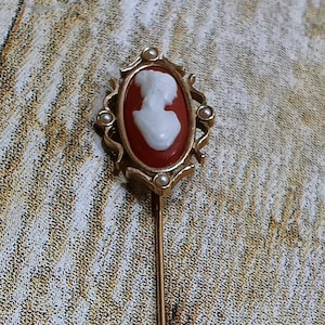 May include: A gold-toned stick pin featuring a cameo. The cameo has a white profile set against a reddish-orange background, framed by a gold oval with small pearl accents. The pin has a long, slender shaft and a rounded end.