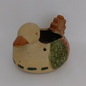 May include: A ceramic duck-shaped planter with a beige body, brown beak, and a green and orange patterned wing. The planter has a dark interior and is decorated with small, dark dashes around the base. The duck has a detailed, textured tail.