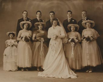 Vintage 1940s BBW Wedding Photograph Bride Bridal Party Plus Size Women Gowns Bride Maids Groom Grooms Men Flower Girl  (2)