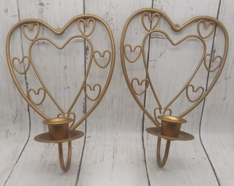 Vintage brass or brass colored heart shaped wall sconces set of 2