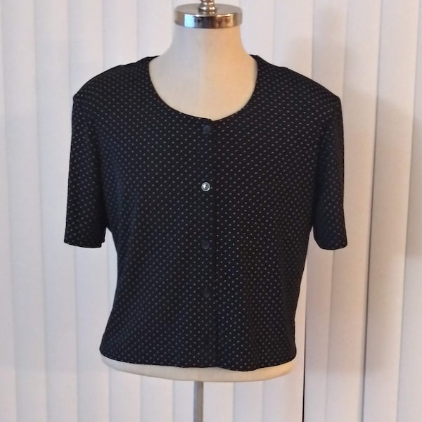 90s Crop Top  Black & White Polka Dot Blouse Vintage Plus Size 16/18 Short Sleeves Stretchy Shirt (vc2)