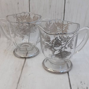 Vintage Glass Creamer and Sugar Bowl Silver Floral & Trim Set of 2