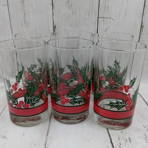 Vintage Libbey Holly & Berries Christmas Highball Set of 6 Holiday Red and Green Water Glasses