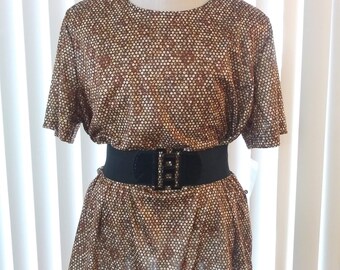 80s Vintage Stretchy Brown Copper Blouse Plus Size 2X Short Sleeves Circular Pattern New (vc2)