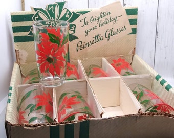 Vintage Poinsettia Glasses New Dead Stock Tumblers In Display Box Set of 8