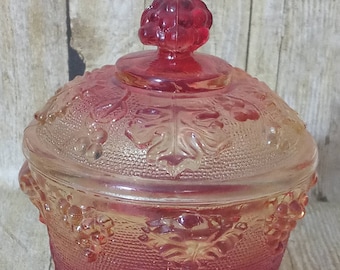 Vintage Amberina Covered Candy Jar Jeannette Glass  Grapes & Leaves  Footed Ombre Dish (Shelf)