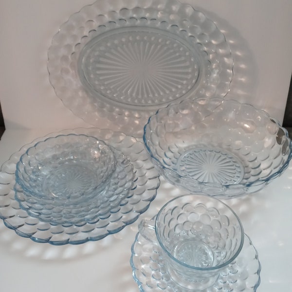 Vintage Anchor Hocking Blue Bubble Glass Dinnerware (shelf)