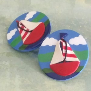 Vintage Sailboat Earrings 80s Nautical Round Jewelry Blue Sky Calm Sea (jb)