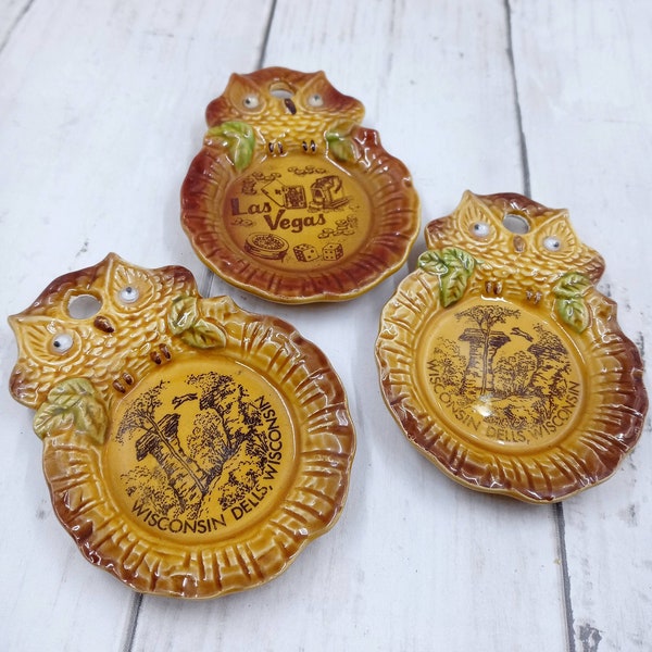 Vintage Owl Googly Eye Trinket Dish Las Vegas Casinos Set of 3 Small Wall Hangings Japan (4c)