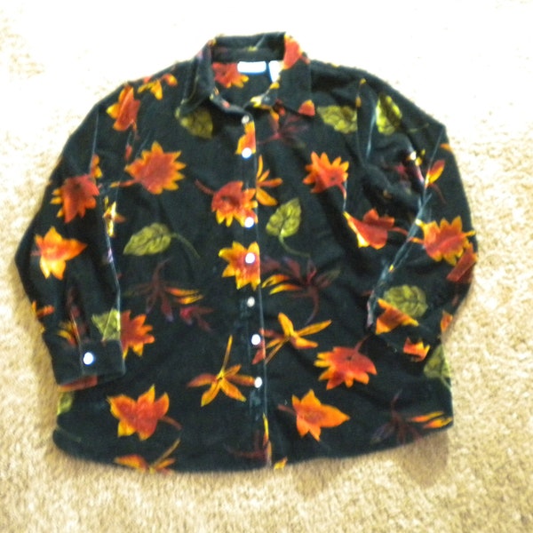 Black Velvet Fall Autum Leaves Button Down Blouse Golds Greens Fun & Funky Holiday Shirt Plus Size 14W/ 16W (z)