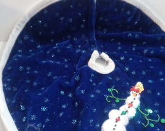 Vtg Mini Christmas Tree Skirt: Beaded Snowman, Navy Blue with Silver Stars