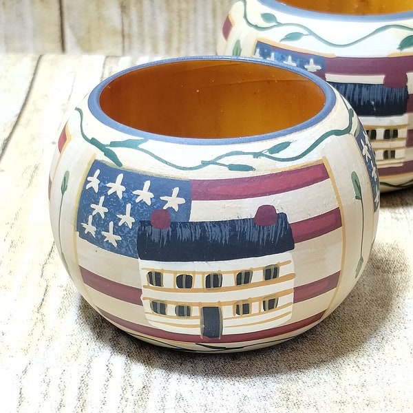 American Flag Colonial House Napkin Holders Rings Set of 4 Patriotic Election Day Decoration USA July 4th Table Deco (j)