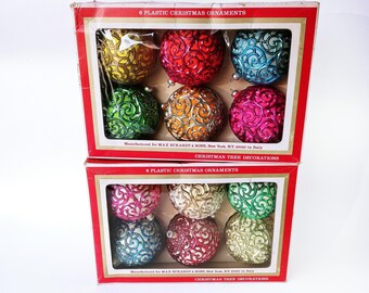 Vintage Max Eckardt & Sons Christmas Plastic Ornaments Made in Italy Colorful Ball Swirls Set of 12 (cb7)