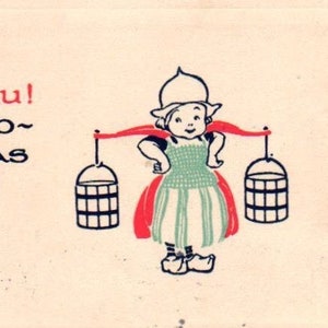Cartão postal vintage Valentine Dutch Lady Milkmaid Clogs Arco Flecha Quiver Corações (2@4)