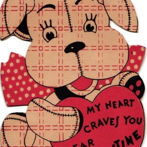 Vintage Valentines Card Puppy Dog Heart & Bow USA circa 1930s (2@4)