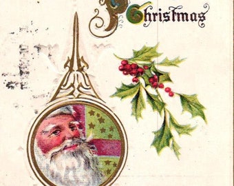 Antique Christmas Postcard Santa Claus in Bell with Poinsettias & Holly Embossed  (2@3)