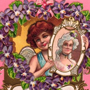 Vintage Valentine Cherub Victorian Lady in Frame Violets Gold Gilding Arrow Ribbon Pink Background Postcard (2@4)