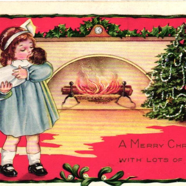 Antique Christmas Toddler Girl w/Baby Doll Fireplace Christmas Tree Mantel Clock Holly Postcard (2@3)