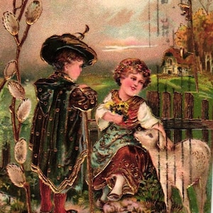 Vintage Pasqua Fantasia Chubby Boy & Girl Lamb County Cottage Dresda cartolina in rilievo (2@4)