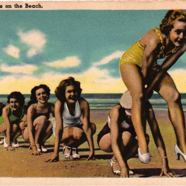 Vintage Swim Suits Women Beach Bathing Beauties Bombshells Leap Frog Ladies in White High Heels Postcard (2@3)