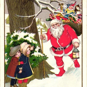 Niños victorianos Papá Noel Sack Ramas Linterna Santa St Nick Entregando Toy Escena Nevada Antigua Navidad En Relieve Postal (2@3)
