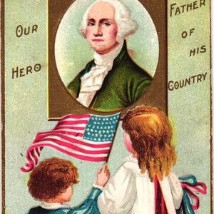 George Washington American Patriotic Boy w/ Flag & Girl w/ Ribbon Red White and Blue Embossed Postcard (2@3)