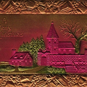 Antique Christmas Postcard Gold Airbrushed Pink & Green Large Church and Village Embossed (2@1)