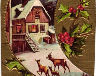 Antique Christmas Postcard Crescent Moon Cut Out Forest Cabin Holly & Deer Night Scene Embossed (2@1)