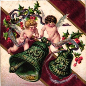 Antique Christmas Postcard Cherubs Green Bells Red Stripes Ribbons & Holly Night Village Scene Embossed (2@1)