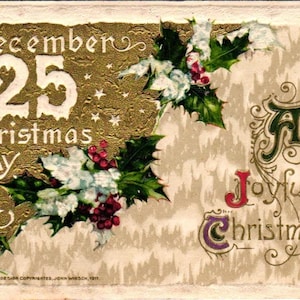 Antique Christmas Postcard Gold Card Snow & Holly Shimmery Embossed (2@1)