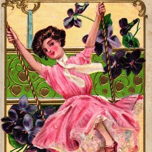 Vintage Valentine Lady on Swing Flowers Hearts Gold Embossed P. Sander Postcard (2@4)