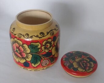 Vintage Khokhloma Jar USSR Trinket Russian Painted Wood Barrel Lacquered Pot with Lid Hand Painted Wooden Tea Container  Numbered Floral (5)
