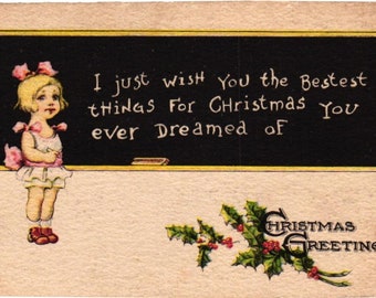 Carte postale de Noël ancienne, voeux de Noël pour fille garçonne et Holly S. Bergman Etats-Unis (2@1)