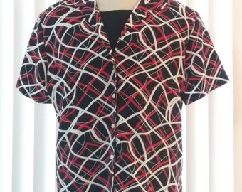 vc2 80s Vintage Stretchy Red /& Black Blouse Plus Size 2X Short Sleeves Block Pattern New