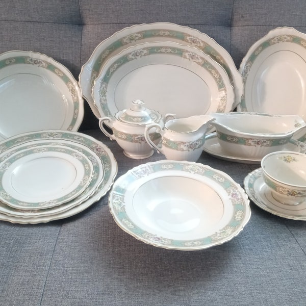 Vintage Raleigh Green By Syracuse Dinnerware Plates Cups Bowls & Platters Federal Shape Green Band Flowers Gold Trim (shelf)