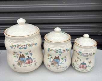3pc International China Company Heartland Design Ceramic Canister Set Sm Med Lrg