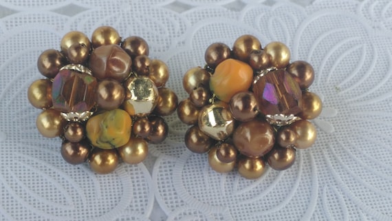 Vintage Clip On Beaded Earrings Brown & Gold Colo… - image 1