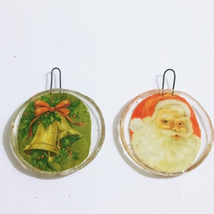 Vintage Resin Santa & Bells Christmas Tree Ornaments Set of 2 Holiday Homemade  Decorations (z)