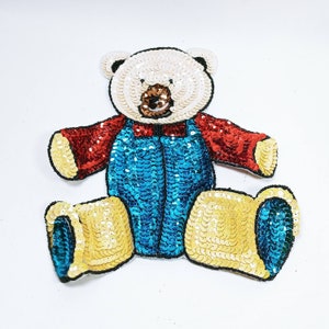 Vintage Sequence & Beads Bear Colorful Appliques Teddy in Overalls Patch NOS (b8)