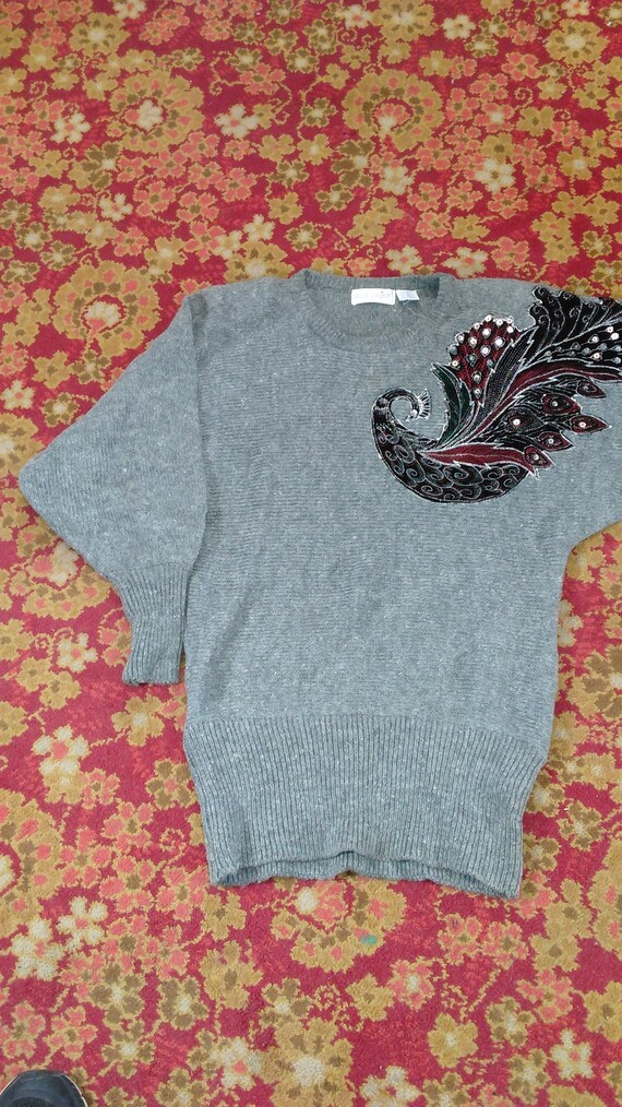 Vintage 80's Grey Peacock Sweater Sequence & Embr… - image 2