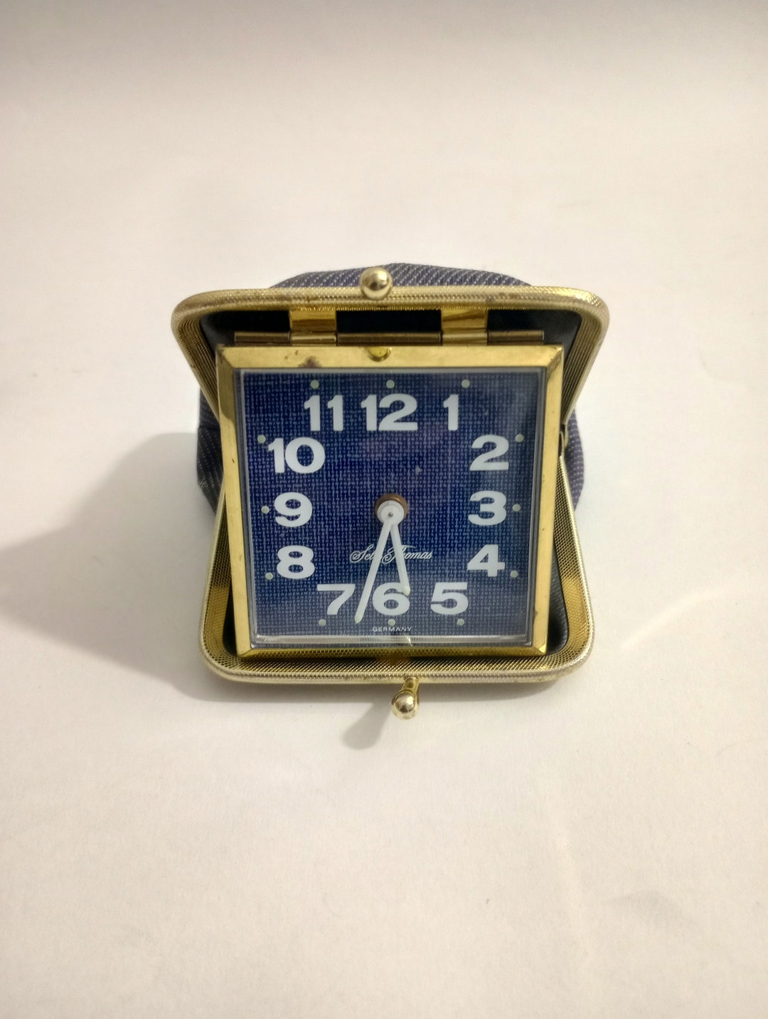 Vintage Seth Thomas Travel Alarm Clock in Denim Chain Purse Germany b9