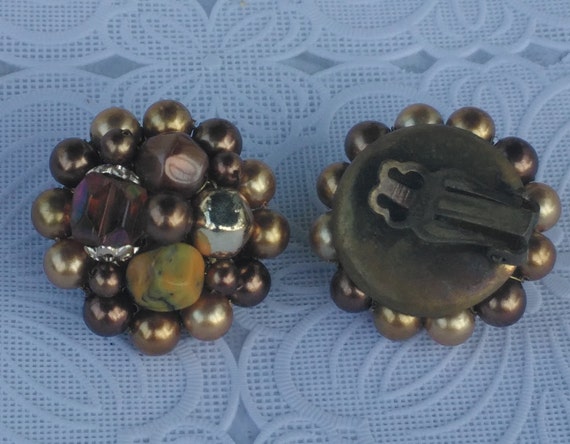 Vintage Clip On Beaded Earrings Brown & Gold Colo… - image 2