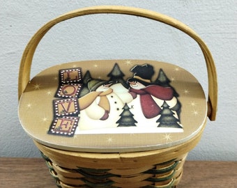 Vtg Snowman Love Woven Mini Basket