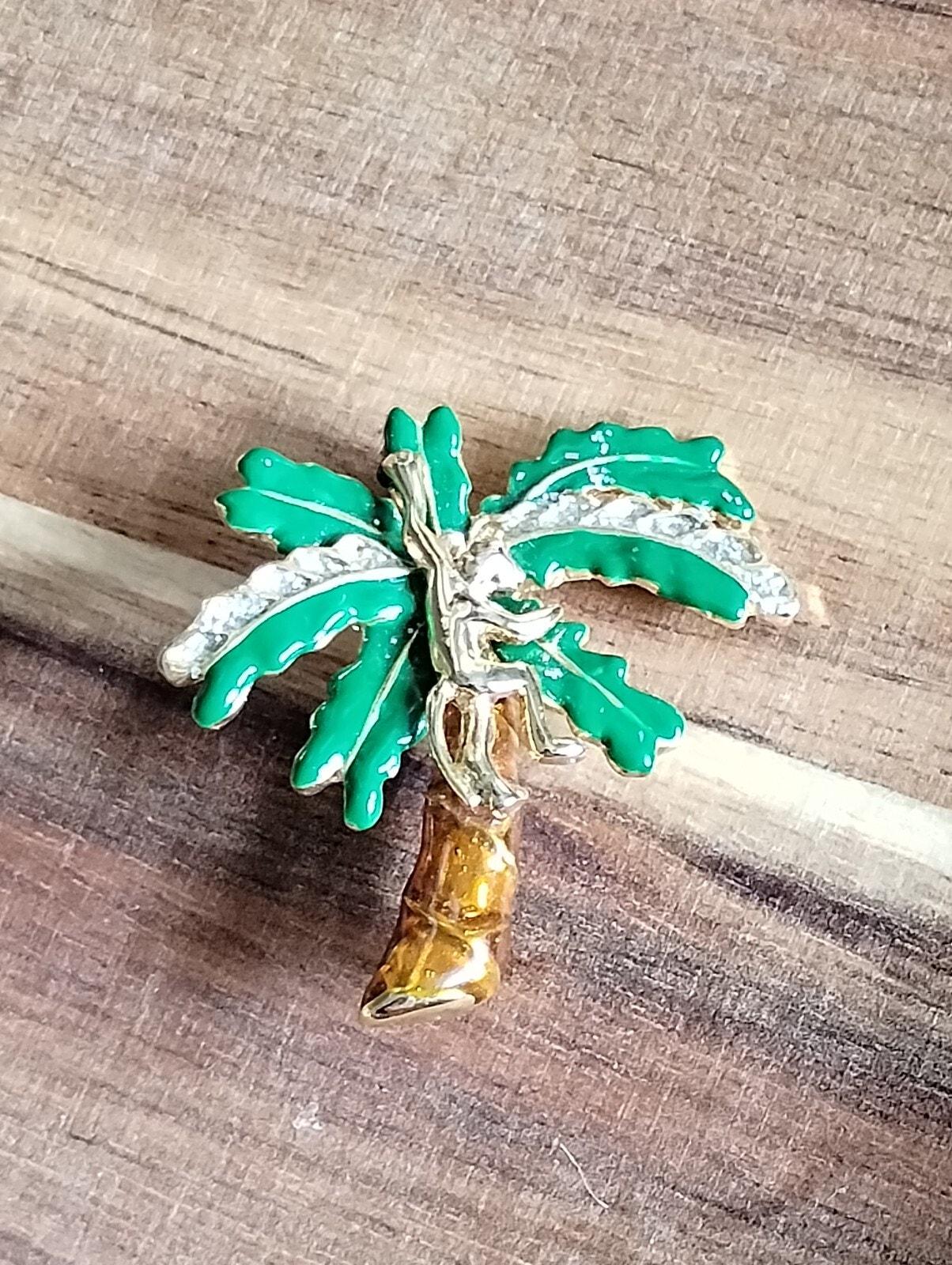 Vtg Monkey Palm Tree Enamel Brooch Rhinestone Pendant (jb3) - Etsy