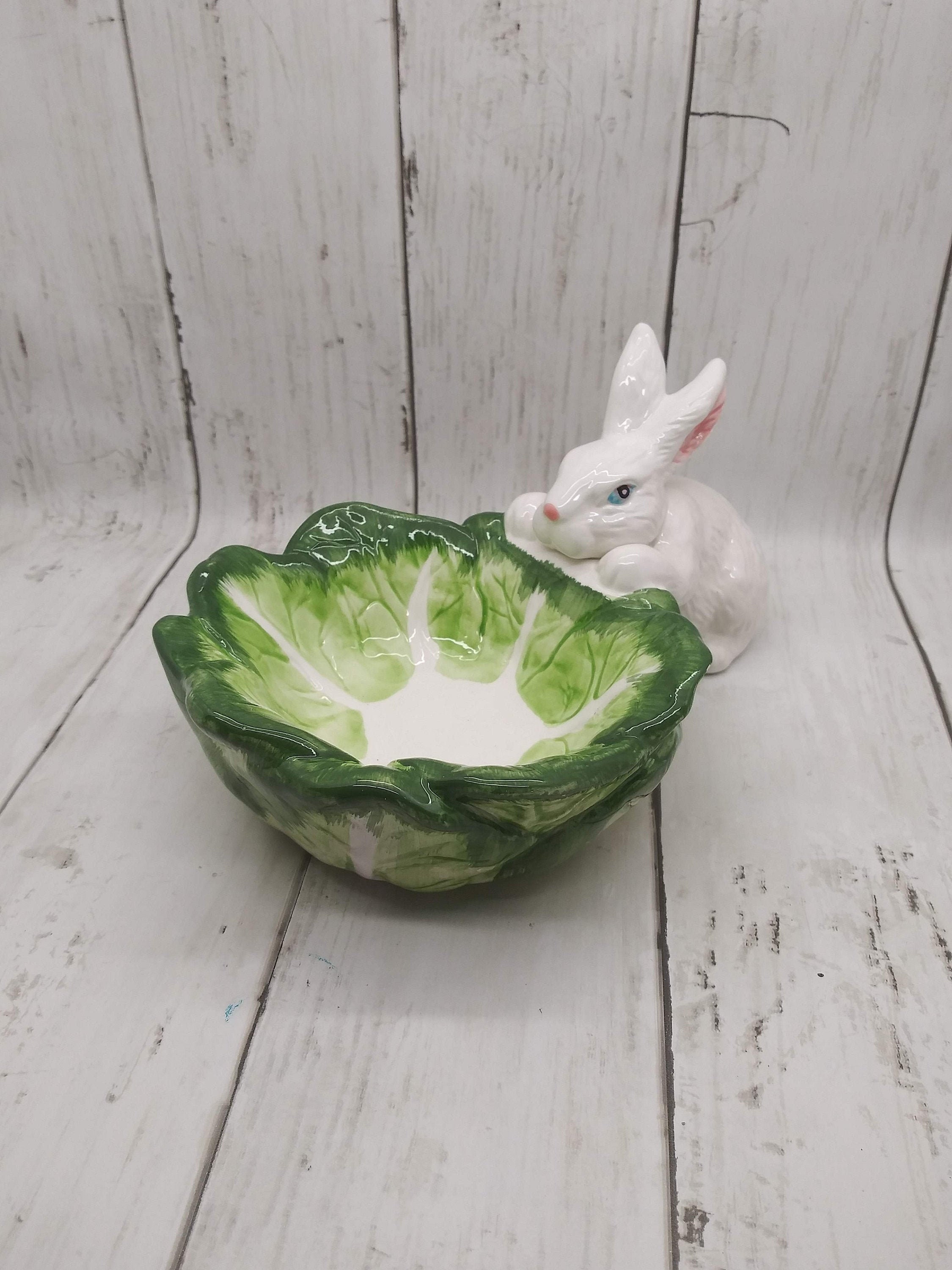 Bunny Trinket Candy Dish Rabbit On Cabbage Leaf Bowl 4 Etsy